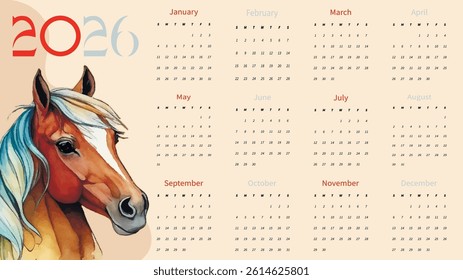 Calendar with the symbol of 2026. Year of the Horse. 2026. Calendar grid. Ready-made calendar template