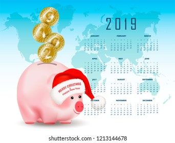 Calendar with Symbolic shiny metal golden coins with numbers 2019 falling into money pig bank. Santa Claus hat with greetings. Conceptual realistic vector illustration on background with world map