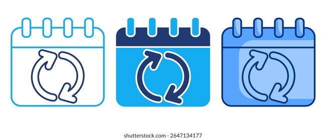 Icono de sincronización de calendario representado por calendario, flecha circular, azul, línea dual, estilo de doble tono.