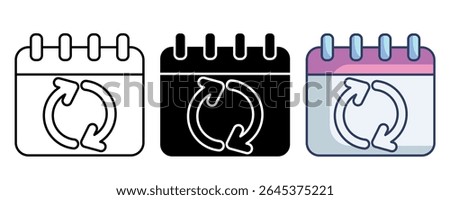 Calendar sync icon represented by calendar, circle arrow Line, Filled, Color style.