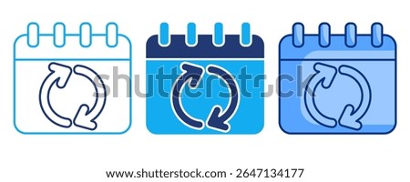Calendar sync icon represented by calendar, circle arrow Blue, Dualline, Dualtone style.