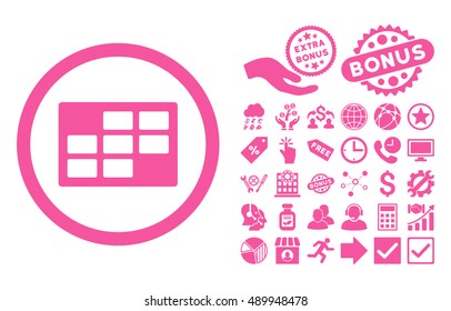 Calendar Table icon with bonus pictograph collection. Vector illustration style is flat iconic symbols, pink color, white background.