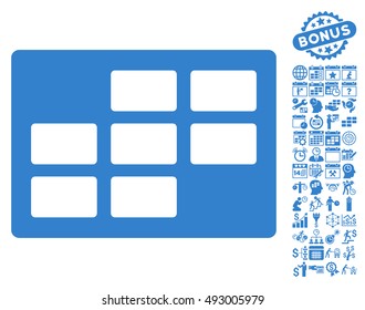 Calendar Table icon with bonus calendar and time management graphic icons. Vector illustration style is flat iconic symbols, cobalt color, white background.