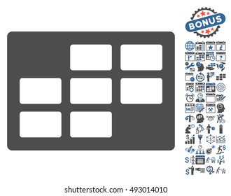 Calendar Table icon with bonus calendar and time management graphic icons. Vector illustration style is flat iconic bicolor symbols, cobalt and gray colors, white background.