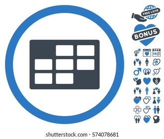 Calendar Table icon with bonus valentine pictograph collection. Vector illustration style is flat rounded iconic smooth blue symbols on white background.