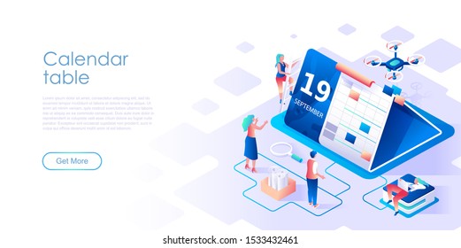 Calendar table isometric landing page vector template. Effective workflow organization website homepage interface illustration layout. Business schedule planning web banner isometry concept