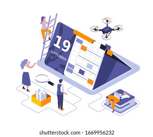 Calendar table isometric landing page vector template. Effective workflow organization website homepage interface illustration layout. Business schedule planning web banner isometry concept