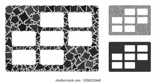 Calendar table mosaic of rugged items in various sizes and color tints, based on calendar table icon. Vector uneven items are organized into collage. Calendar table icons collage with dotted pattern.