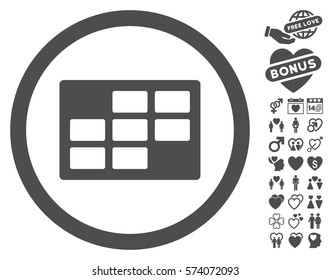 Calendar Table pictograph with bonus decorative pictograms. Vector illustration style is flat rounded iconic gray symbols on white background.