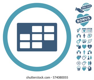 Calendar Table pictograph with bonus decorative clip art. Vector illustration style is flat rounded iconic cyan and blue symbols on white background.