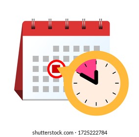 Calendar table stands with the deadline date and a clock symbolizing the ending time. vector icon in flat style.