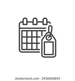 Calendario con icono de línea de etiqueta. signo de estilo lineal para concepto móvil y diseño web. Icono de vector de esquema de calendario y etiqueta. Símbolo, ilustración del logotipo. Gráficos vectoriales