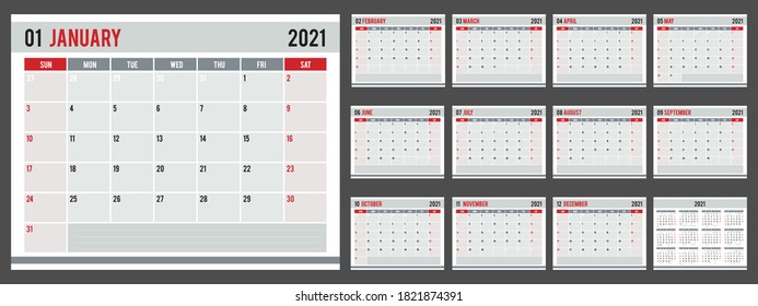 Calendar tamplate of 2021 year in clean minimal style. Event planner for wall or desk. Week Starts on Sunday