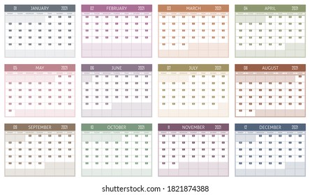 Calendar tamplate of 2021 year. Event planner with simple in vintage colors. Week Starts on Monday