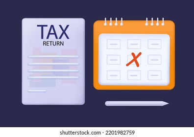 Calendar With Tax Return 3d. Deadline, Time To Complete The Final Annual Report, Financial Document. Savings, Profit, Income. Timely Completion Of Information. Vector Banner, Accounting Audit Concept.