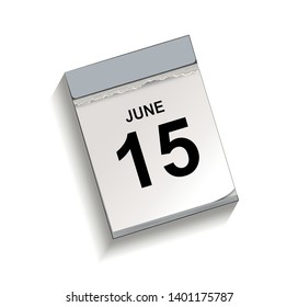 Calendar, tear-off calendar with date 15 June, tear-off calendar, Vector illustration isolated on white background