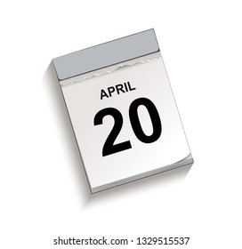 Calendar, tear-off calendar with date 20 April,
Tear-off calendar, Vector illustration isolated on white background