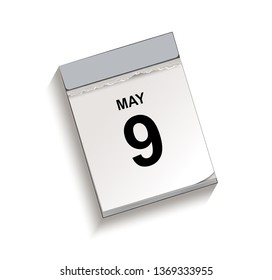 Calendar, tear-off calendar with date 9 May,
Tear-off calendar, Vector illustration isolated on white background