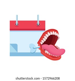 calendar and teeth practical joke icon over white background, vector illustration