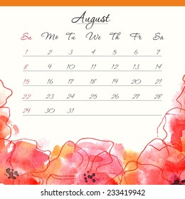 Calendar template 2015. August. Floral design calendar.
