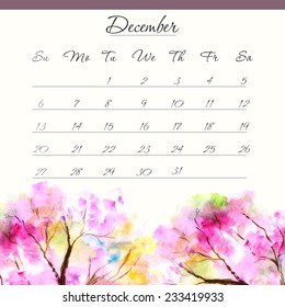 Calendar template 2015. December. Floral design calendar.