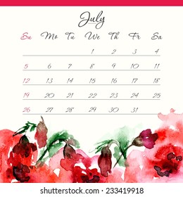 Calendar template 2015. July. Floral design calendar.