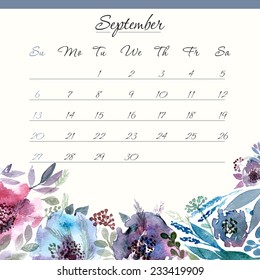 Calendar template 2015. September. Floral design calendar.