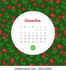 Calendar Template 2016 with cowberry. December