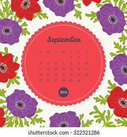 Calendar Template 2016 with floral background. Anemone flowers. September