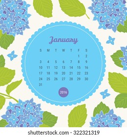 Calendar Template 2016 with floral background. Hydrangea flowers. January