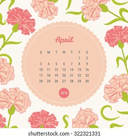 Calendar Template 2016 with floral background. Carnation flowers. April