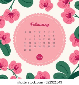 Calendar Template 2016 with floral background. Orchid flowers. February