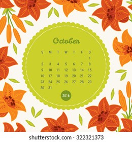 Calendar Template 2016 with floral background. Lily flowers. October