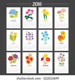 Calendar Template 2016 with flowers. Hydrangea, Orchid, Narcissus, Carnation, Dandelion, Bellflower, Knapweed, Gerbera, Anemone, Lily, Portulaca, Quaker Ladies