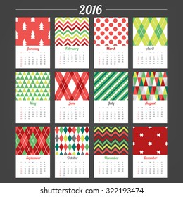 Calendar Template 2016 with geometric patterns. Fir Trees, Chevron, Polka Dot, Argyle, Triangles, Diagonal Stripes, Harlequin, Stars in Red, Green and White