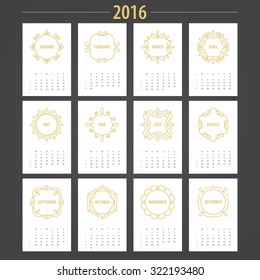 Calendar Template 2016 with gold vintage frames in mono line trendy style. January, February, March, April, May, June, July, August, September, October, November, December