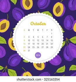 Calendar Template 2016 with plum. October