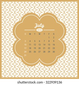 Calendar Template 2016 with retro label on trendy mono line seamless background. Vector illustration. Summer month - July