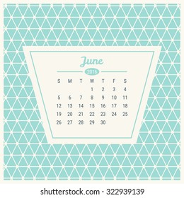 Calendar Template 2016 with retro label on trendy mono line seamless background. Vector illustration. Summer month - June