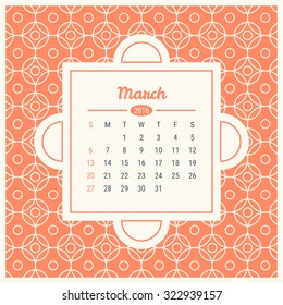 Calendar Template 2016 with retro label on trendy mono line seamless background. Vector illustration. Spring month - March