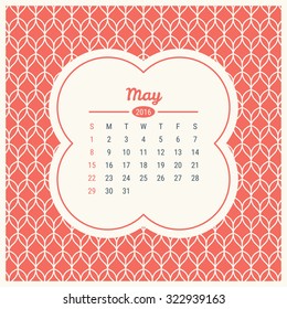 Calendar Template 2016 with retro label on trendy mono line seamless background. Vector illustration. Spring month - May