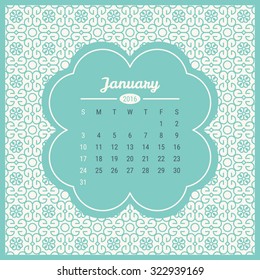 Calendar Template 2016 with retro label on trendy mono line seamless background. Vector illustration. Winter month - January 