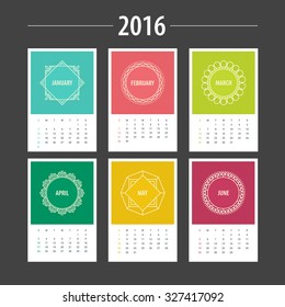 Calendar Template 2016 with trendy linear frames on Turquoise, Pink, Green, Yellow and Dark Red background. January, February, March, April, May, June