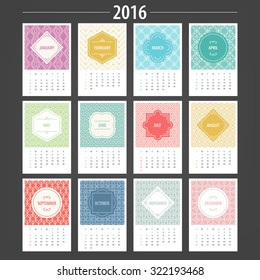 Calendar Template 2016 with vintage frames in Pink, Gold, Blue, Green, Red, Blue, Grey and Beige on mono line seamless background
