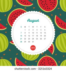 Calendar Template 2016 with watermelon. August