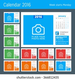 Calendar Template for 2016 Year. Vector Design Calendar Template with Place for Photo. Week Starts Monday. Set of 12 Months