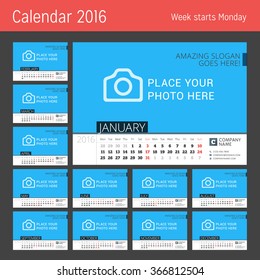 Calendar Template for 2016 Year. Vector Design Calendar Template with Place for Photo. Week Starts Monday. Set of 12 Months