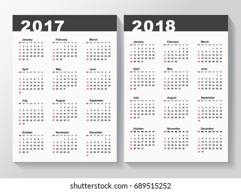 Calendar Template for 2017 and 2018 years. 
Week starts from Sunday.
Vector illustration