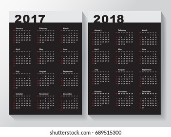 Calendar Template for 2017 and 2018 years. 
Week starts from Sunday.
Vector illustration