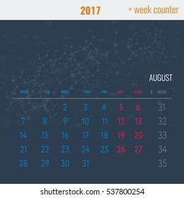 Calendar template for 2017 August with Abstract medical background, medical substance and dna molecules. Vector Illustration.
